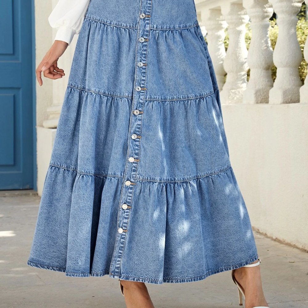 Blue Casual Womens Button Front Ruffle Hem Denim Skirt - Picture 3 of 5
